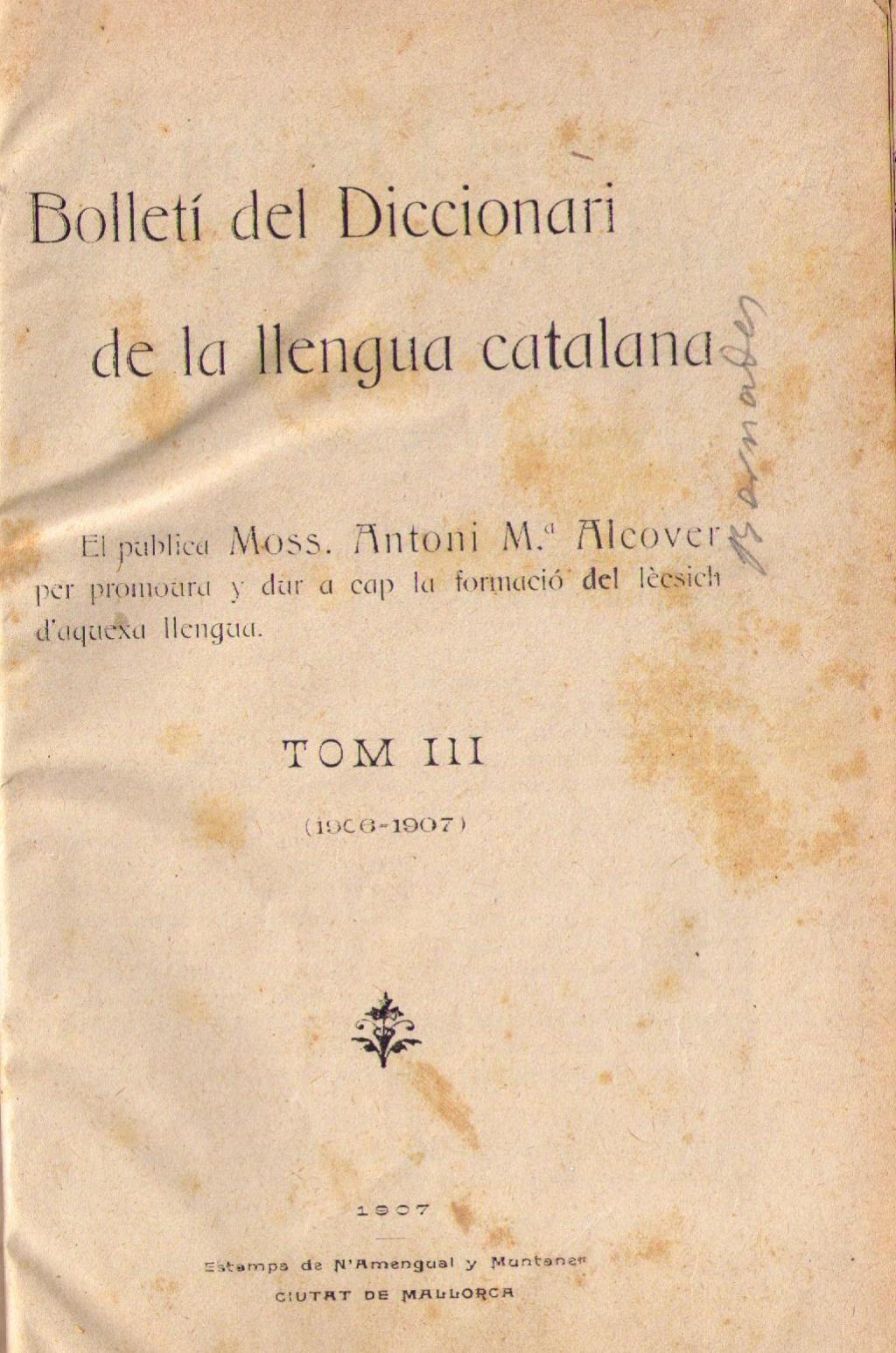 Coberta de Bolletí del Diccionari de la Llengua Catalana  (Tom III)